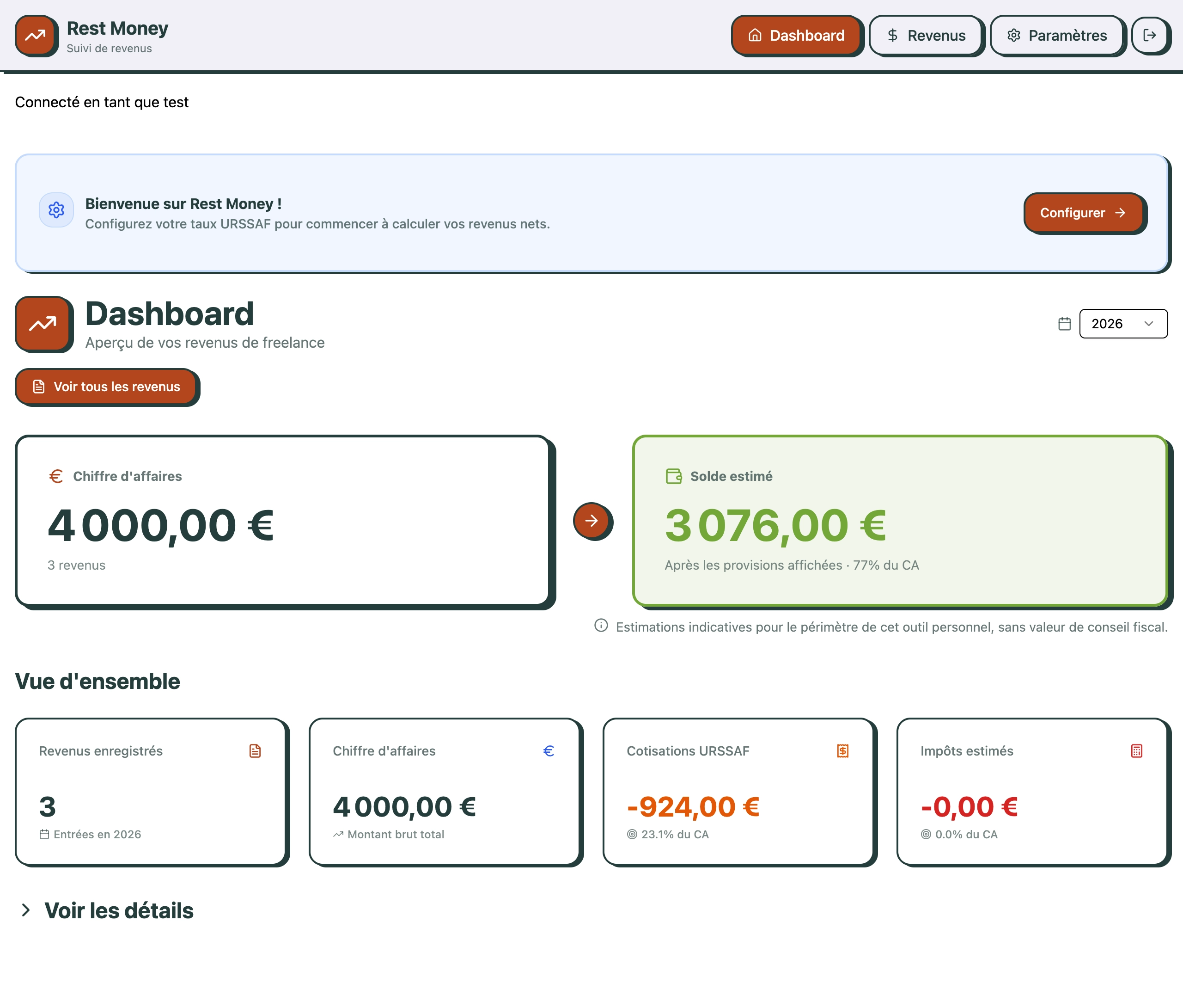 Synthèse annuelle des revenus et provisions dans le tableau de bord RestMoney