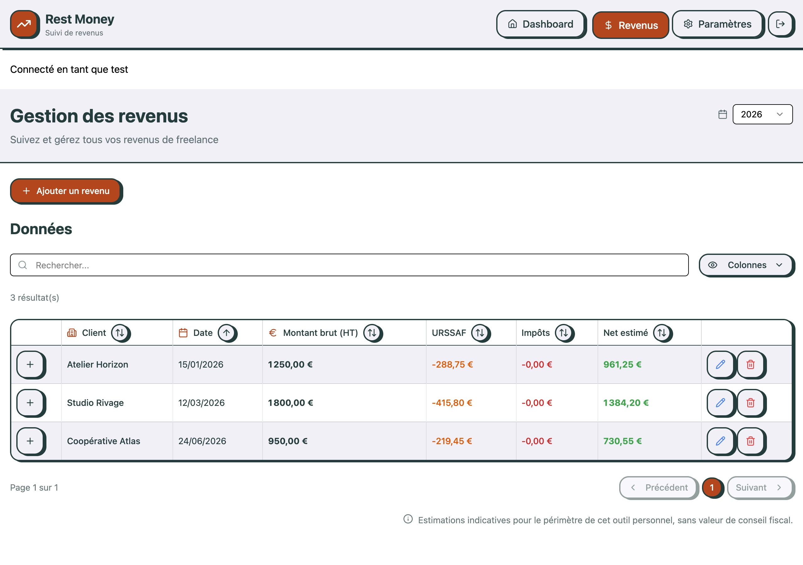 Liste et historique des revenus enregistrés dans RestMoney